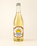 Hello Sunshine Bubbly Wine bottle, front label, warm cream studio background